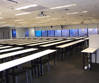 One of our spacious classrooms in the GB building with a city view